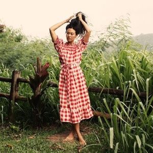 Doen Rhone Dress in Sweet Cherry St Ouen Plaid XS (Heather Taylor collab)